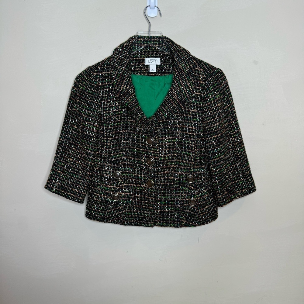 Ann Taylor Loft Jacket Green Multi Tweed Collared Buttons Pockets Lined Size 4